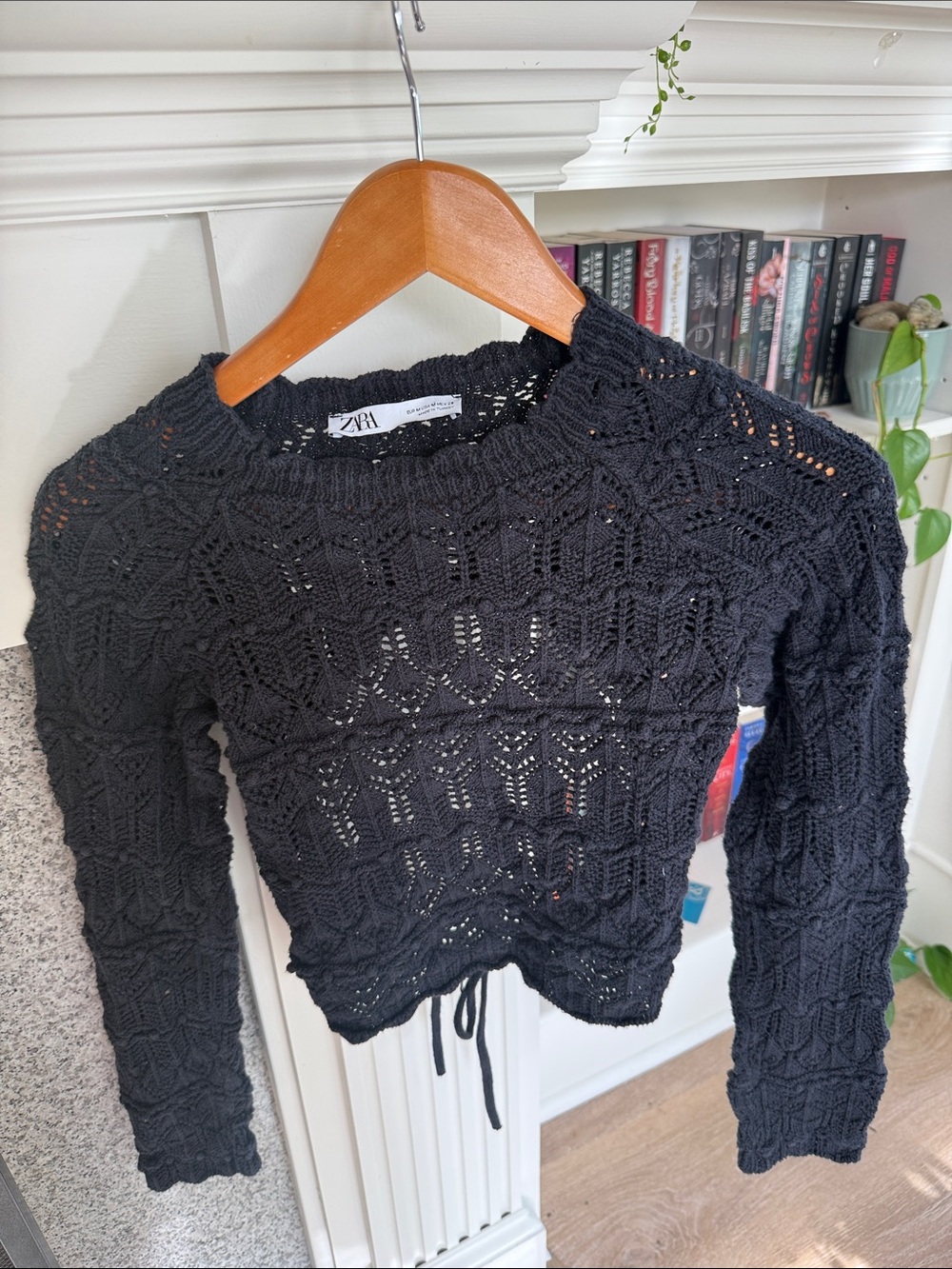 Zara Black Crochet Drawstring Long-Sleeve Top